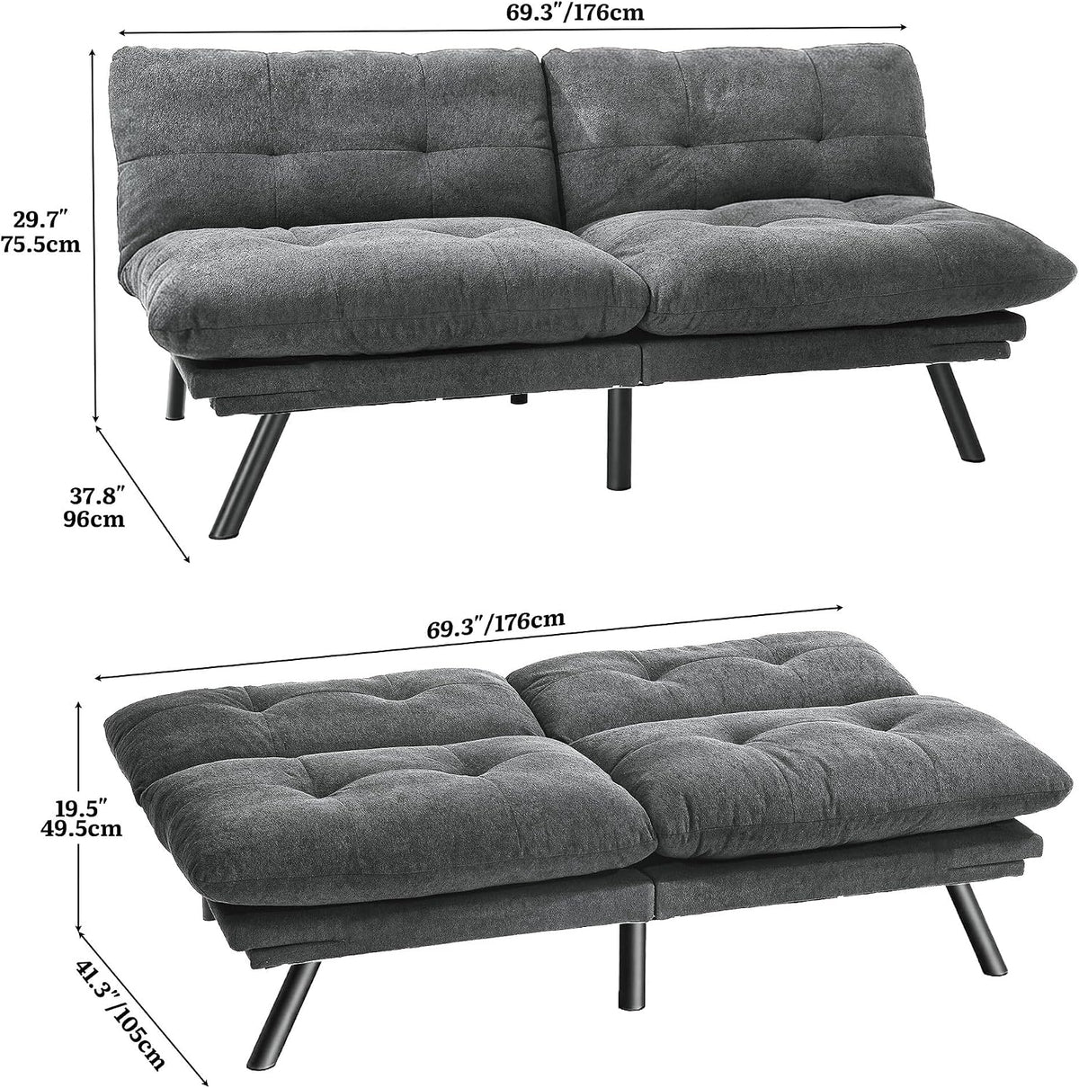 YITAHOME Convertible Futon Sofa Bed,70" Folding Futon Couch | Modern Memory Foam Loveseat Sleeper Recliner w/ Adjustable Backrest& Armrests,for Living Room Home Office Aprtment,Dark Gray