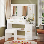 TOKSOM Makeup Vanity with Lights & Charging Station, White Vanity Table with 5 Drawers & Open Storage Shelves, Bedroom Makeup Dressing Table Set for Women Girls