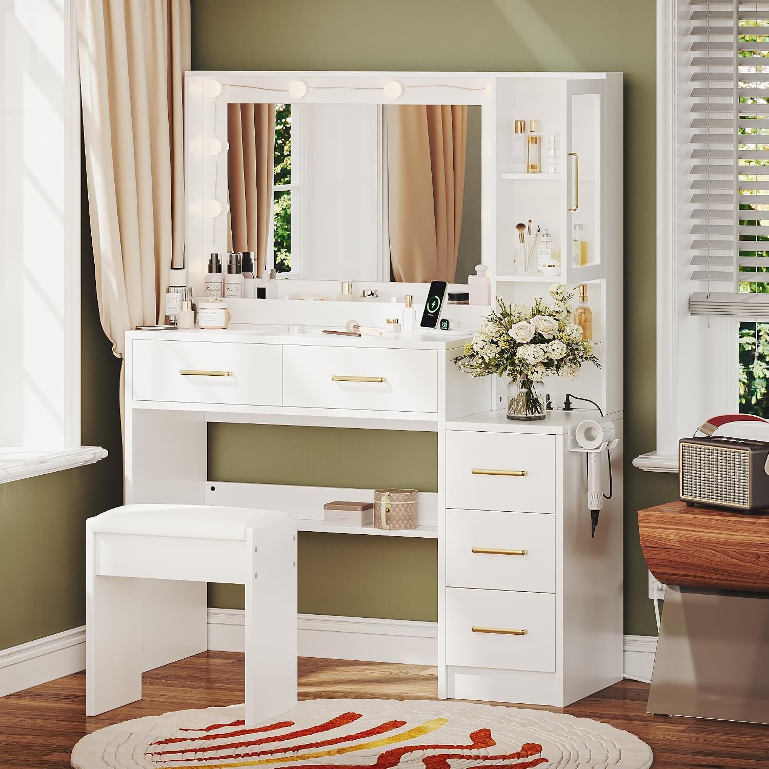 TOKSOM Makeup Vanity with Lights & Charging Station, White Vanity Table with 5 Drawers & Open Storage Shelves, Bedroom Makeup Dressing Table Set for Women Girls