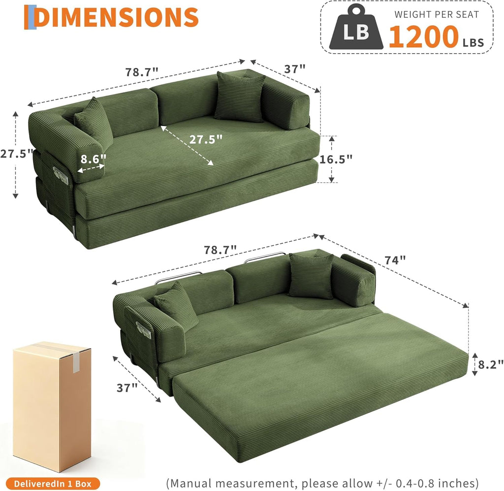 GarveeLife 78.8" Modular Corduroy Sofa Bed,5 in 1 Convertible Futon Floor Couch with Pull-Out Sleeper,Multi-Functional Futon for Living Room Guest Room & Small Spaces