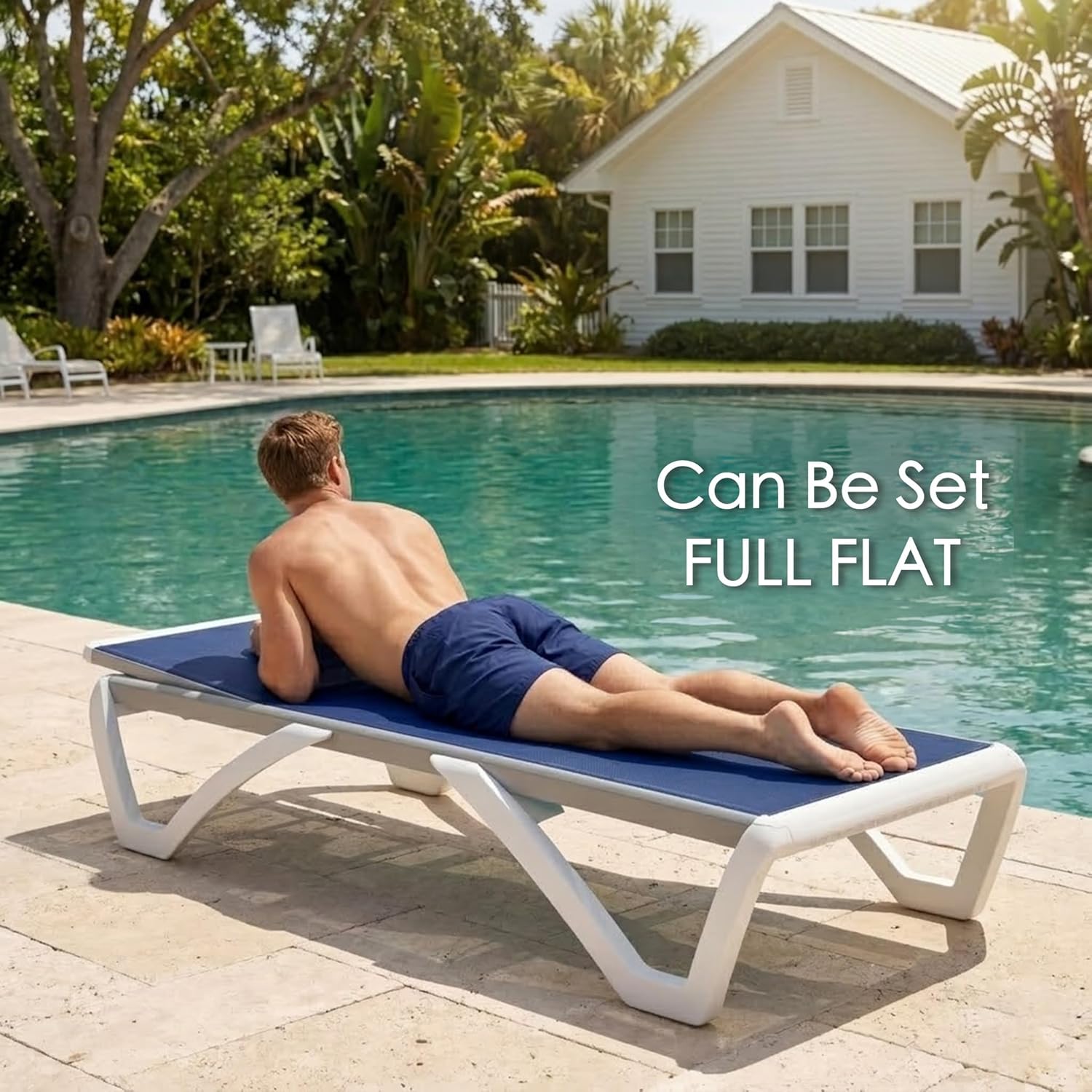 Kozyard Outdoor Chaise Lounge Chair, Full Flat Adjustable Patio Lounger with Aluminum Frame & Resin Legs, Textilene Fabric for Poolside, Backyard & Beach (NavyBlue, 2Chairs + Table)
