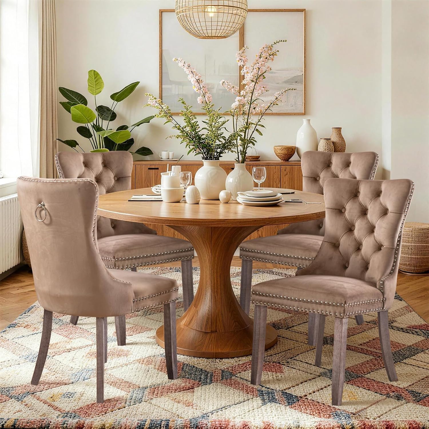 SoarFlash Velvet Dining Chairs Set of 4, Tall Back Side Chair, Modern Upholstered High-end Tufted Side Chair with Button Back Ring, Solid Wood Legs (Khaki)