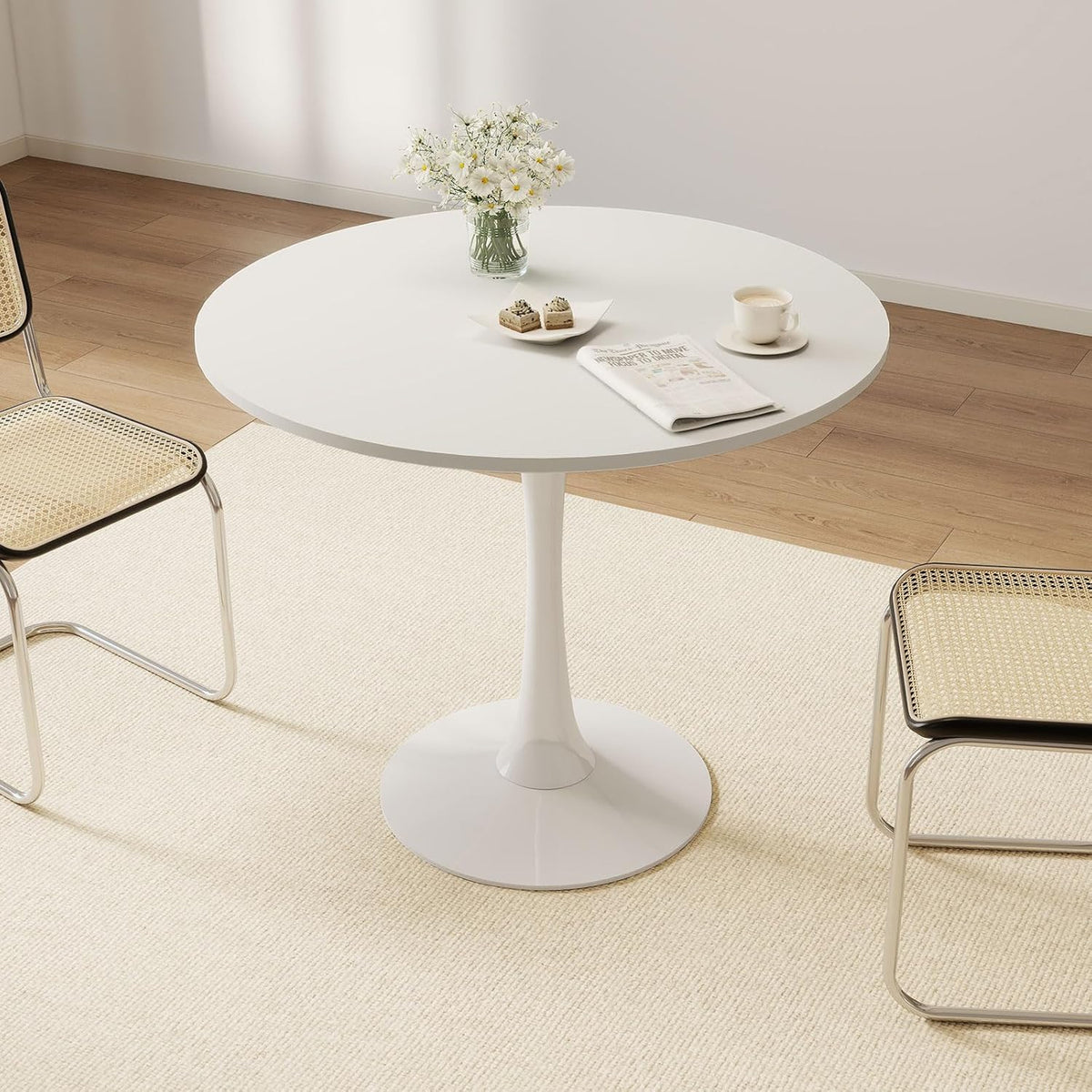 27.5" White Round Dining Table, MDF Top with Metal Pedestal Base, Modern Accent Table for Small Spaces, Kitchen, Dining Room & Living Room