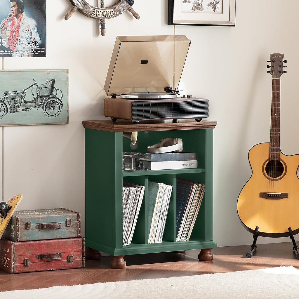 Joaxswe 24" Wide Record Player Stand with Vinyl Record Storage, Green | Mid-Century Record Player Table Up to 200 Albums,Large Wood Turntable Stand Cabinet Dispaly Shelf for Living Room,Bedroom