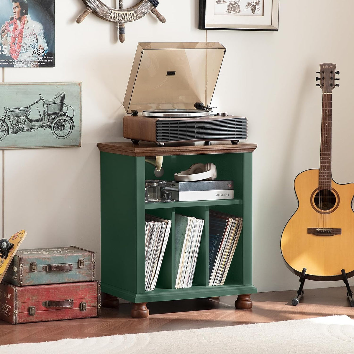 Joaxswe 24" Wide Record Player Stand with Vinyl Record Storage, Green | Mid-Century Record Player Table Up to 200 Albums,Large Wood Turntable Stand Cabinet Dispaly Shelf for Living Room,Bedroom