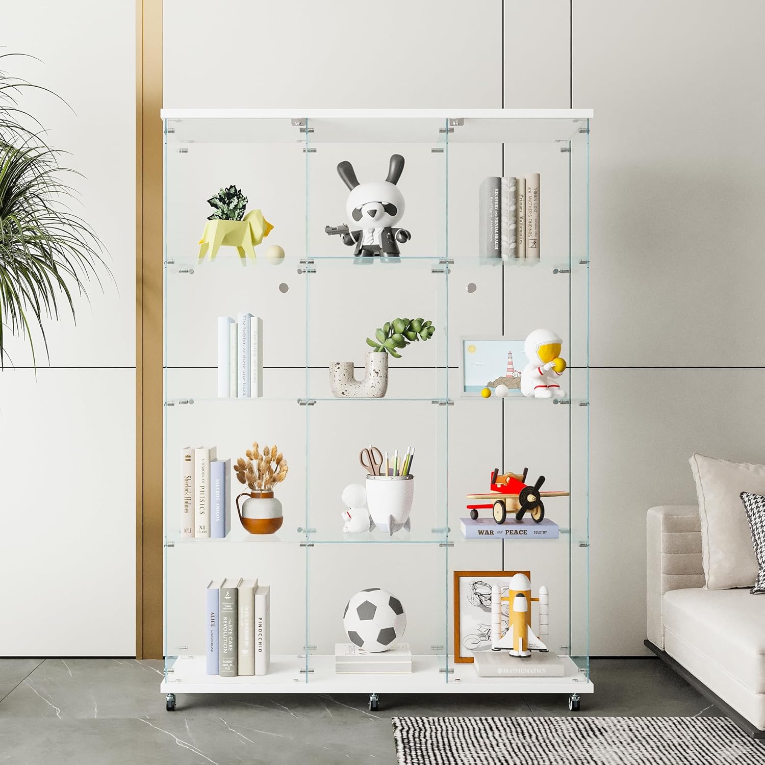 4 Shelves Glass Display Cabinet with 2 Doors Extra Large Display Case Curio Cabinets with Whees & Lock,Glass Bookshelf Storage Collection Display Case for Living Room,47.71"W x 14.37" D x 66.53"H