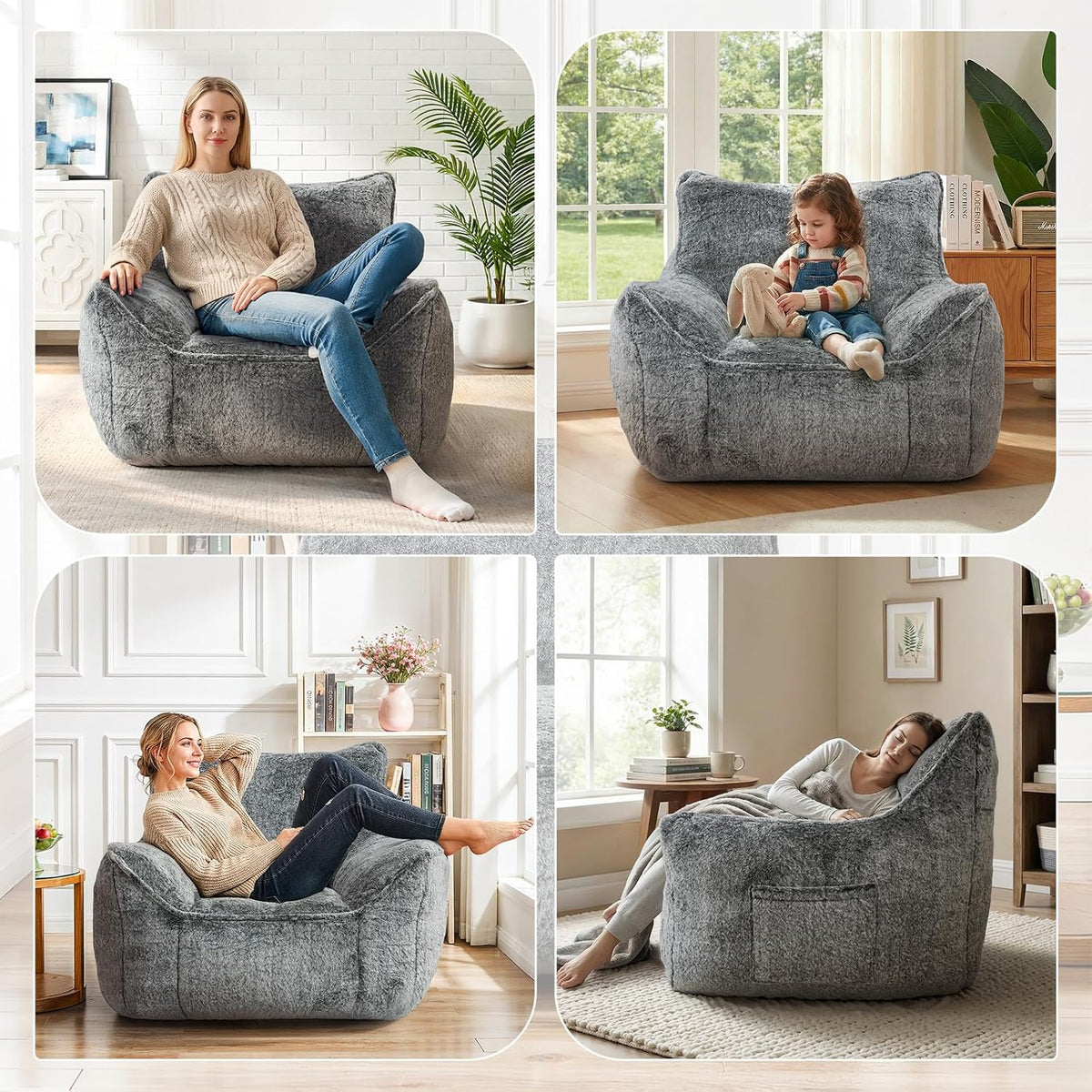 Cvortll Bean Bag Chair, Bean Bag Sofa, Faux Fur Bean Bag Chairs,with armrests and a Sturdy backrest, Suitable for Apartments, Living Rooms, bedrooms, Games, Reading (Gray)