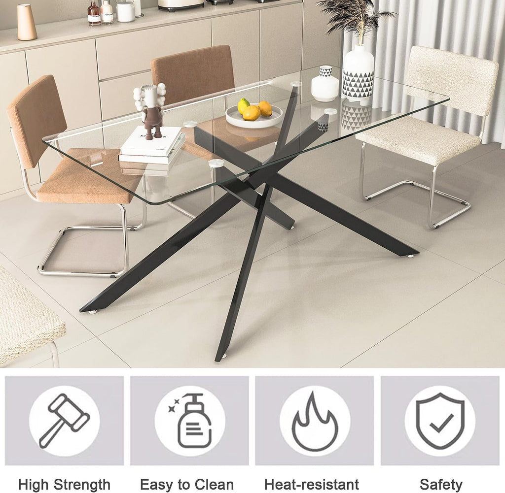 60" Black Glass Dining Room Table Set for 6, 7-Piece Modern Rectangular Kitchen Dining Table Set with Cross Chrome Metal Legs & 6 Orange Velvet Upholstered Chairs, Kitchen Table and Chairs Set