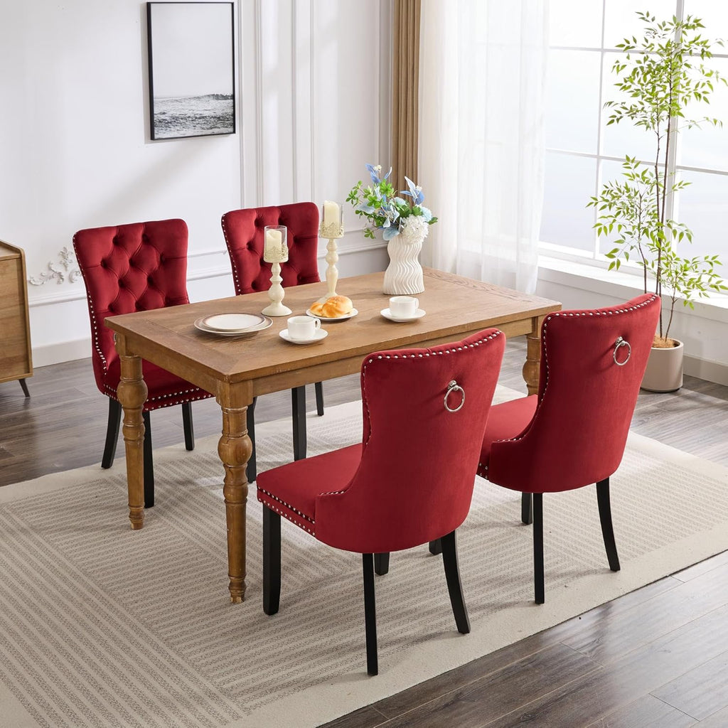 KEIKI Tufted Dining Room Chairs Set of 2, Velvet Kitchen Nailhead Trim Chairs with Solid Wood Legs and Padded Seat, Burgundy