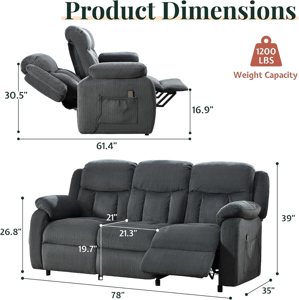 Jocisland 78" Power Reclining Sofa, Electric Recliner Couch, Dark Gray | 160° Power Reclining Sofa, Dual Wingback Design, Side Storage Pockets, Plush Fabric Upholstery