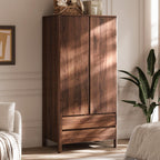 MAISONARIA Wardrobe with 2 Doors and 2 Drawers, 70.9”H Modern Walnut Bedroom Armoire Closet with Hidden Handles, Freestanding Wooden Storage Cabinet for Clothes and Essentials