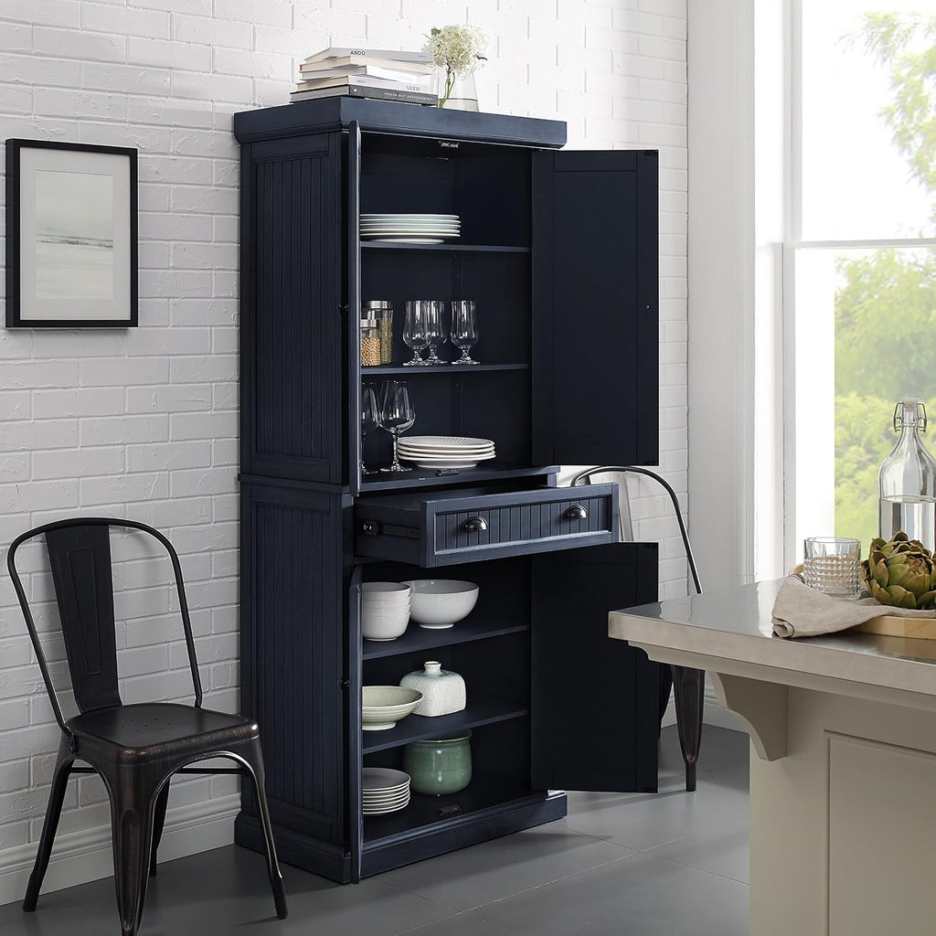 Crosley Furniture Seaside Coastal Pantry Storage Cabinet with Shelves, Kitchen, Dining, or Laundry Room, Distressed Navy