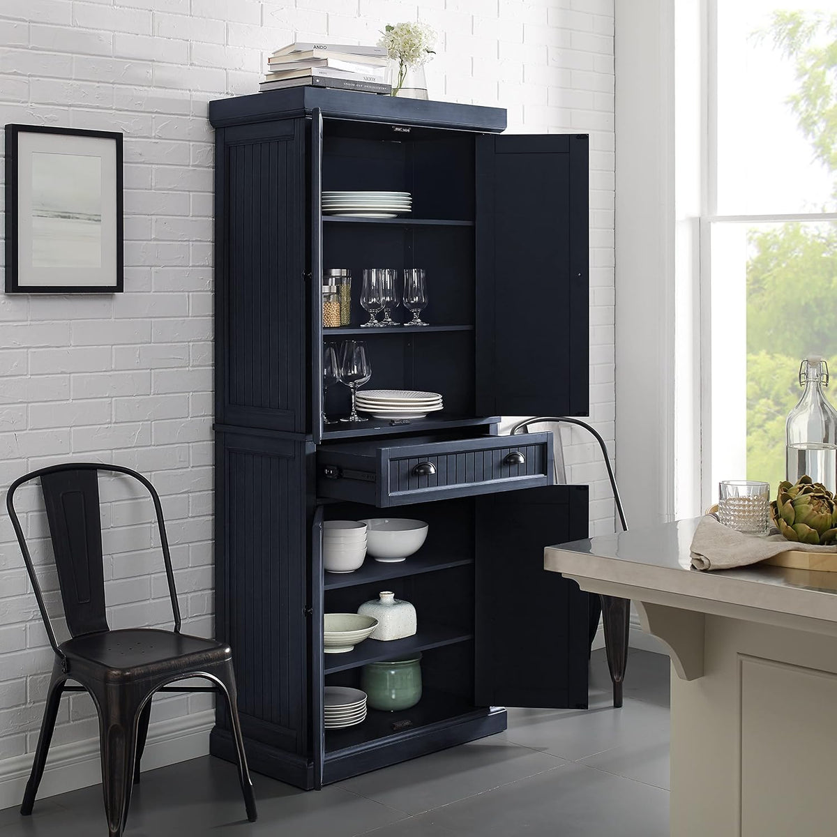 Crosley Furniture Seaside Coastal Pantry Storage Cabinet with Shelves, Kitchen, Dining, or Laundry Room, Distressed Navy