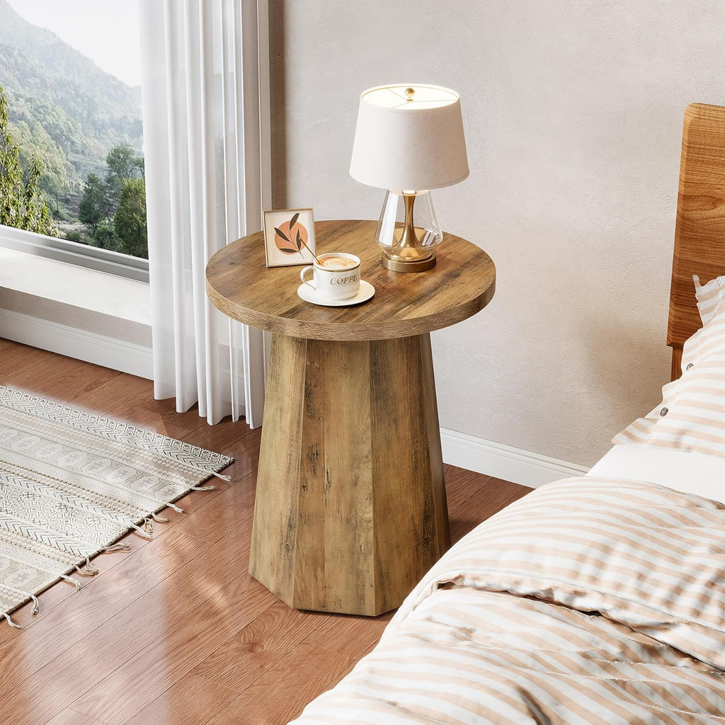Tribesigns Farmhouse Round End Table, Wooden Couch Side Table with Octagonal Base, Rustic Brown Nightstand Pedestal Accent Furniture for Living Room, Bedroom (1)
