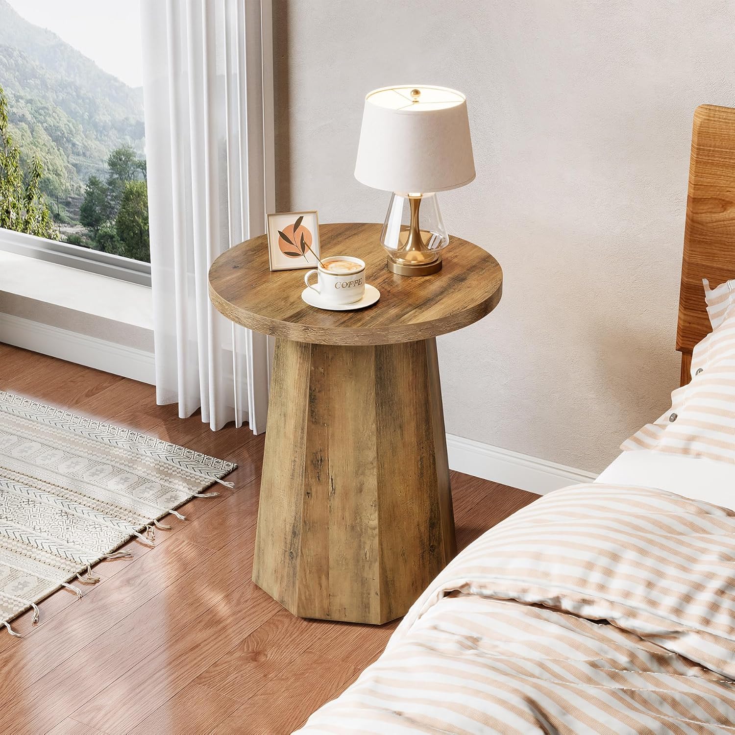 Tribesigns Farmhouse Round End Table, Wooden Couch Side Table with Octagonal Base, Rustic Brown Nightstand Pedestal Accent Furniture for Living Room, Bedroom (1)