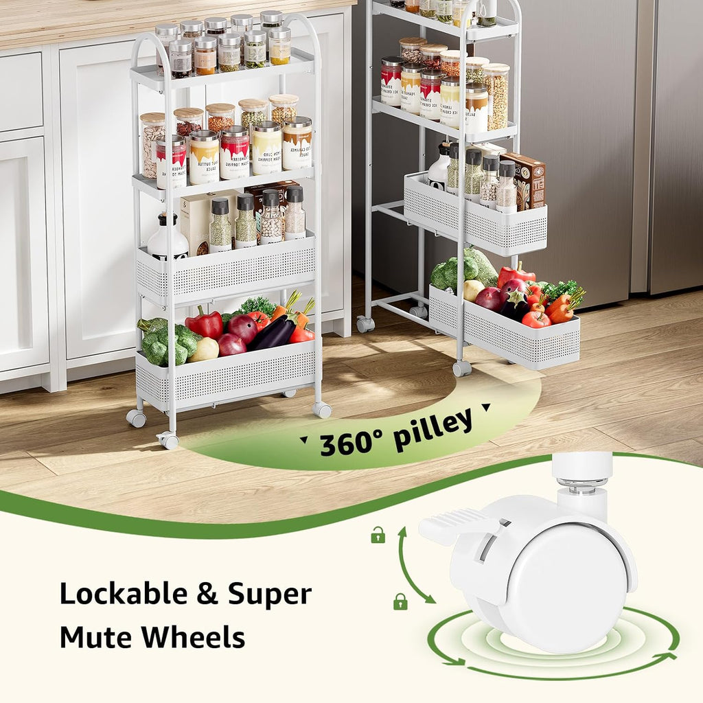 KINGRACK 4 Tier Slim Rolling Cart with Drawer, Metal Utility Storage Cart | 2 Pull-out Baskets, Lockable Wheels, Narrow Space Trolley Organizer for Bathroom, Kitchen, Office, Dorm, Laundry Room, White