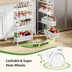 KINGRACK 4 Tier Slim Rolling Cart with Drawer, Metal Utility Storage Cart | 2 Pull-out Baskets, Lockable Wheels, Narrow Space Trolley Organizer for Bathroom, Kitchen, Office, Dorm, Laundry Room, White