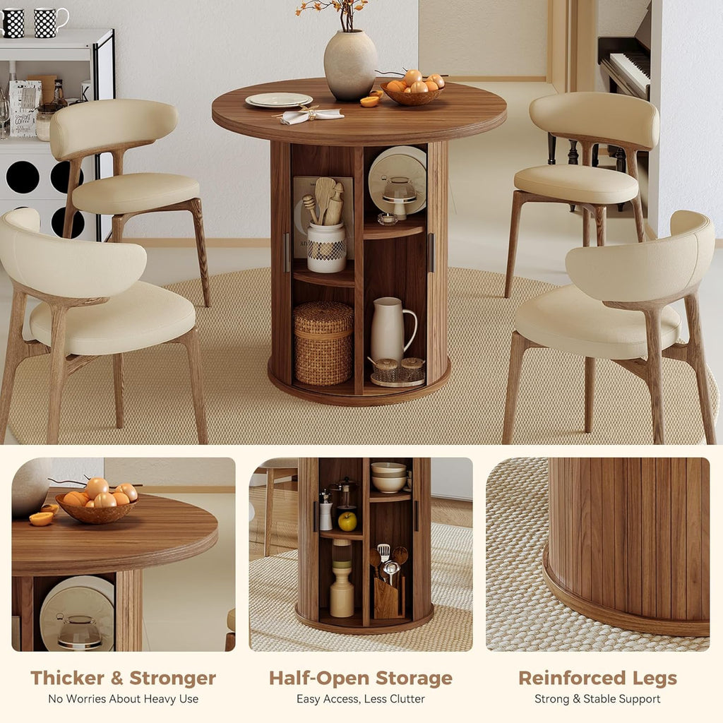 Nalupatio 31.5 Inch Round Dining Table for 2, Versatile Two-Person Kitchen Table with Half-Open Storage Shelf & Sliding Door, Modern Farmhouse Circle Dinner Table for Dining Room, Living Room, Walnut