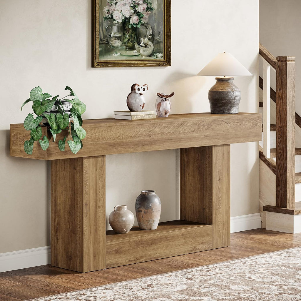 Tribesigns 63" Console Table, Farmhouse 2-Tier Entryway Table with U-Shaped Base, Narrow Long Wood Sofa Table Behind Couch Table for Living Room, Hallway, Foyer, Light Brown