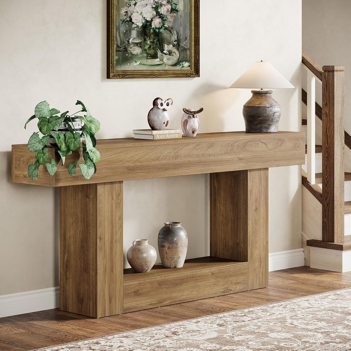 Tribesigns 63" Console Table, Farmhouse 2-Tier Entryway Table with U-Shaped Base, Narrow Long Wood Sofa Table Behind Couch Table for Living Room, Hallway, Foyer, Light Brown