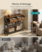 SONGMICS Console Table with Charging Station, Narrow Sofa Table with LED Lighting, for Entryway, Living Room, 11.8 x 30.2 x 31 Inches, 2 Fabric Drawers, Rustic Brown, BELLAH Collection ULGS175K101