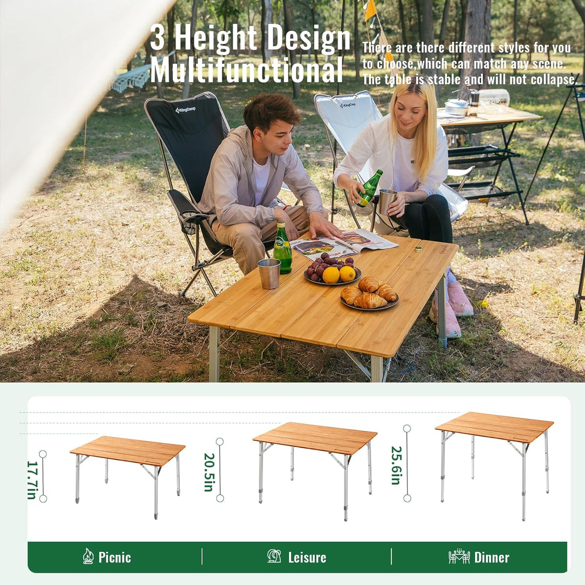KingCamp Bamboo Folding Camping Table, 4-Fold Adjustable Outdoor Table | Portable Design with Carry Bag, Natural Bamboo Top, Ideal for RV Outdoor Picnic Backyard Camping