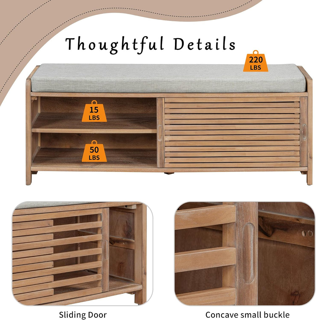 Ball & Cast Entryway Storage Bench with Shutter Doors, 43.3" Wooden Shoes Organizer, Modern Movable Upholstered Seat Entryway Shoe Rack Cabinet for Hallway Living Room, Natural White