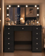 Otterease Black Makeup Vanity with Mirror and Lights,11 Drawers & Glass Top | Vanity Desk Table with Charging Station and 10 LED Bulbs, Hair Dryer Holder, for Bedroom