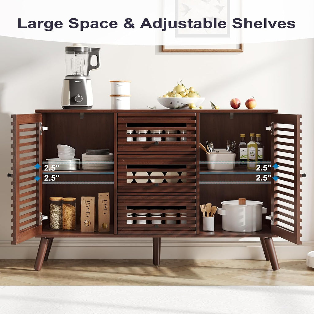 Furnify Buffet Cabinet with Slatted Doors, 47" W Sideboard Buffet with Drawers, Modern Mid Century Accent Storage Cabinet for Living Room, Entryway, Kitchen, Walnut