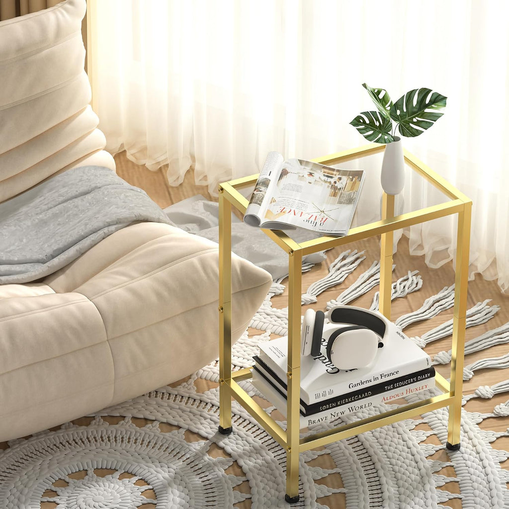 Glass Side Table, Tempered Glass End Table, 2-Tier Nightstands with Open Shelves, Small Coffee Table with Modern Style, Accent Table Small Table Sofa Table for Living Room, Bedroom,Gold