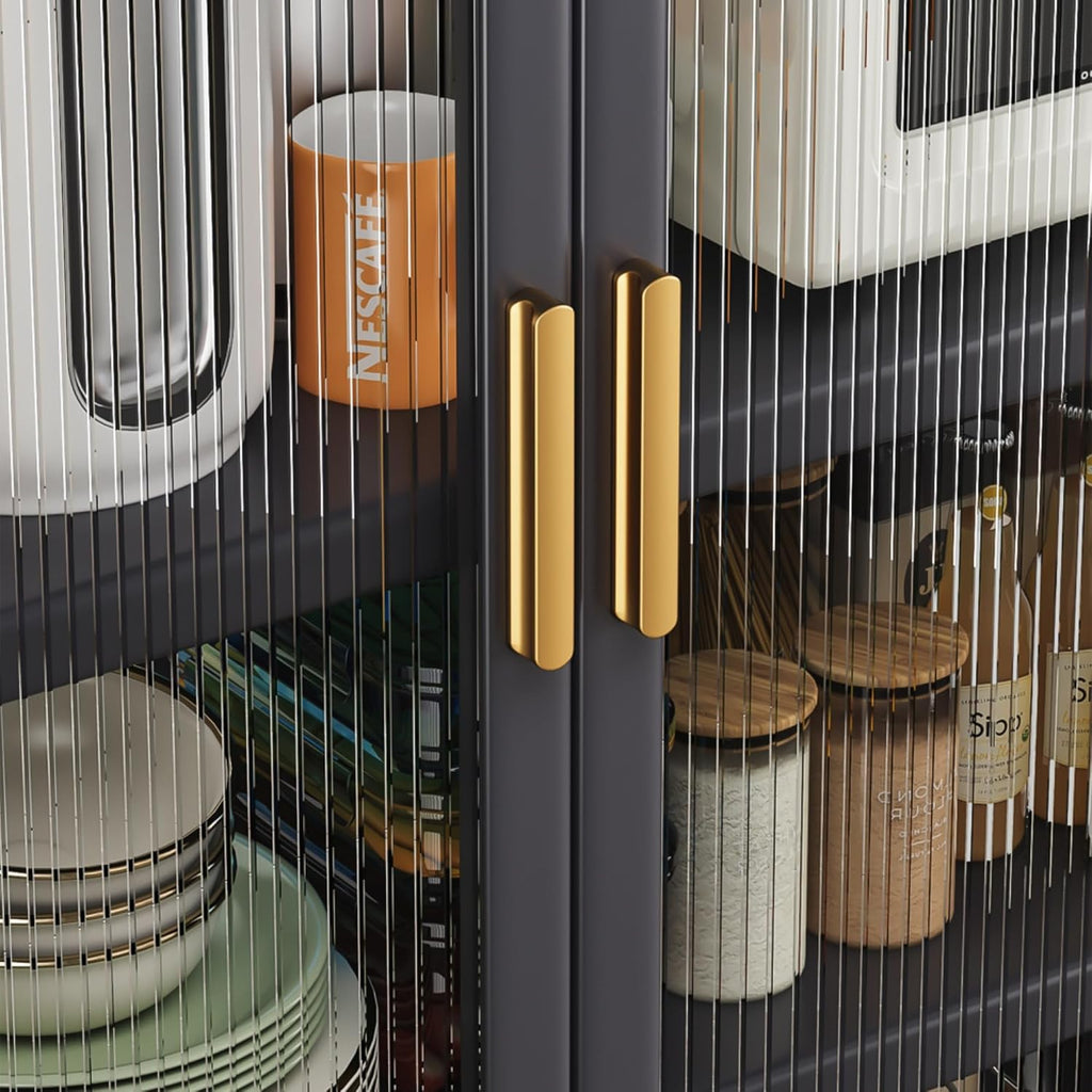 Metal Kitchen Pantry Storage Cabinet on Locking Casters, Double Ribbed Glass Doors, Multi Shelf Organizer for Microwave Appliances, Countertopware, Dining Room, Laundry, Garage (Grey)