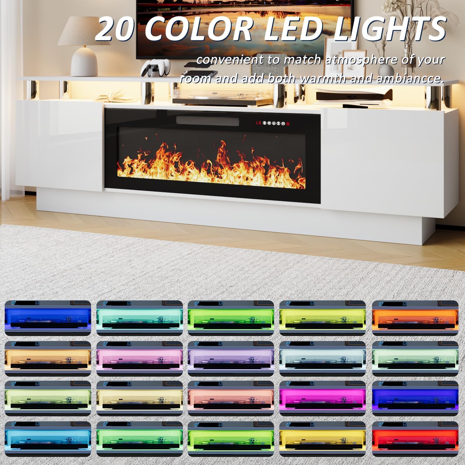 LEMBERI 70" Fireplace TV Stand for TVs up to 80", White | 36" electric fireplace, modern LED entertainment center, high gloss media console with storage cabinet for living room