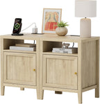 EYYTHUNG Farmhouse End Table with Charging Station Set of 2, Modern Nightstands with Storage and Open Shelf, Bedside Tables for Bedroom, Living Room, Light Oak