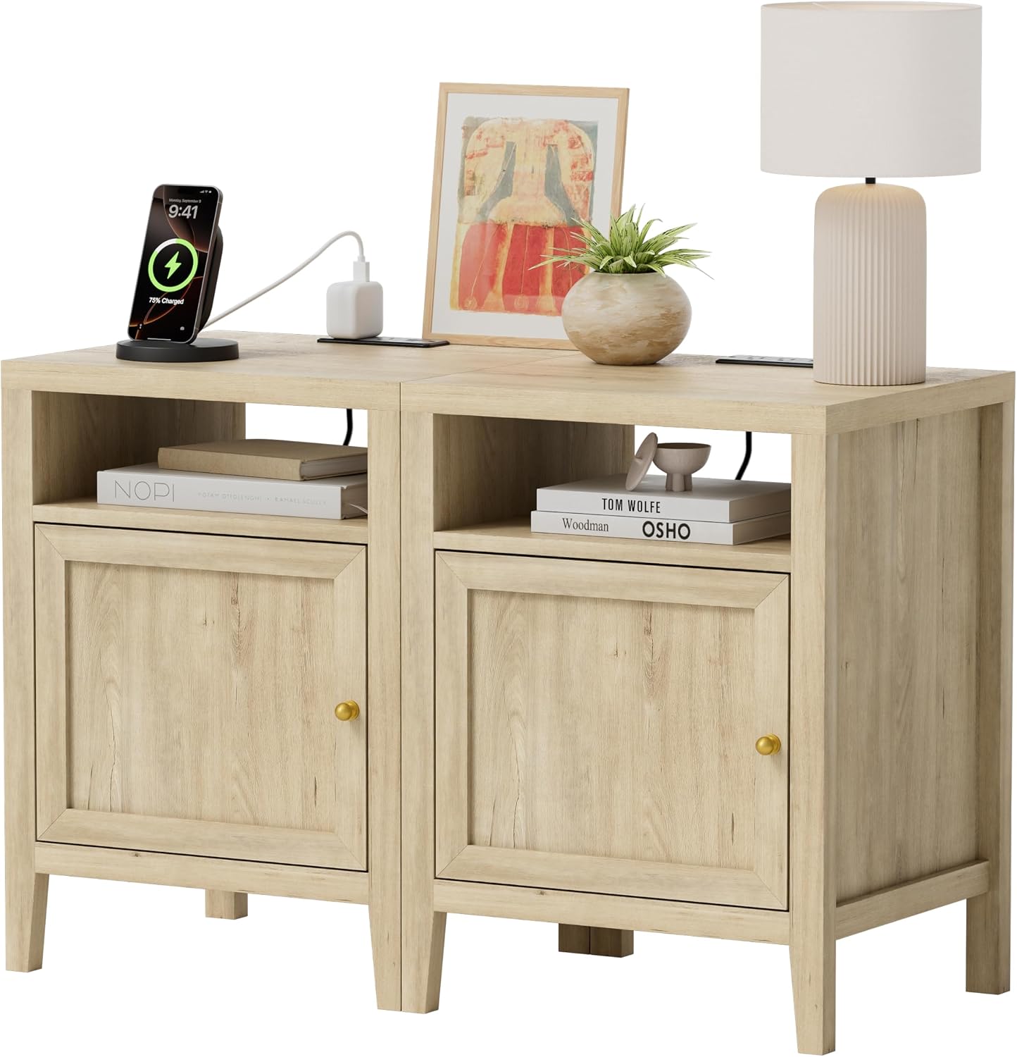 EYYTHUNG Farmhouse End Table with Charging Station Set of 2, Modern Nightstands with Storage and Open Shelf, Bedside Tables for Bedroom, Living Room, Light Oak
