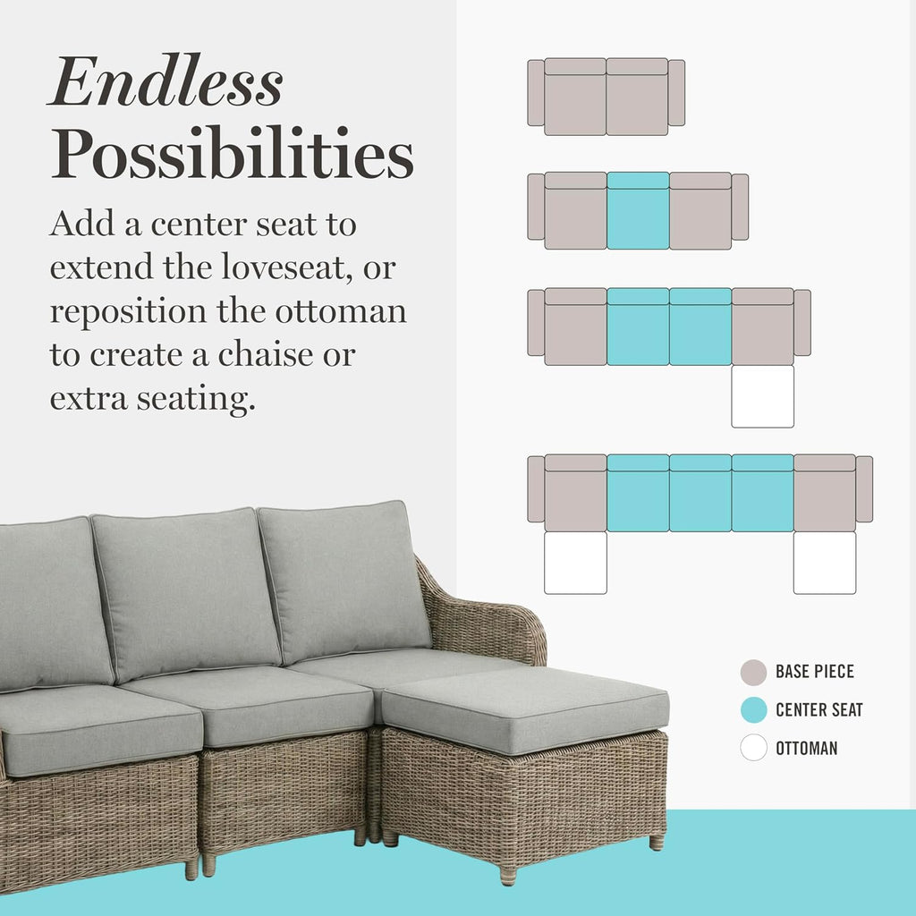 Martha Stewart Lily Pond Rattan Wicker Indoor-Outdoor Patio Ottoman in Weathered Gray with 4" Gray Olefin Cushion, Steel Frame and Zippered Removable Cushion Cover