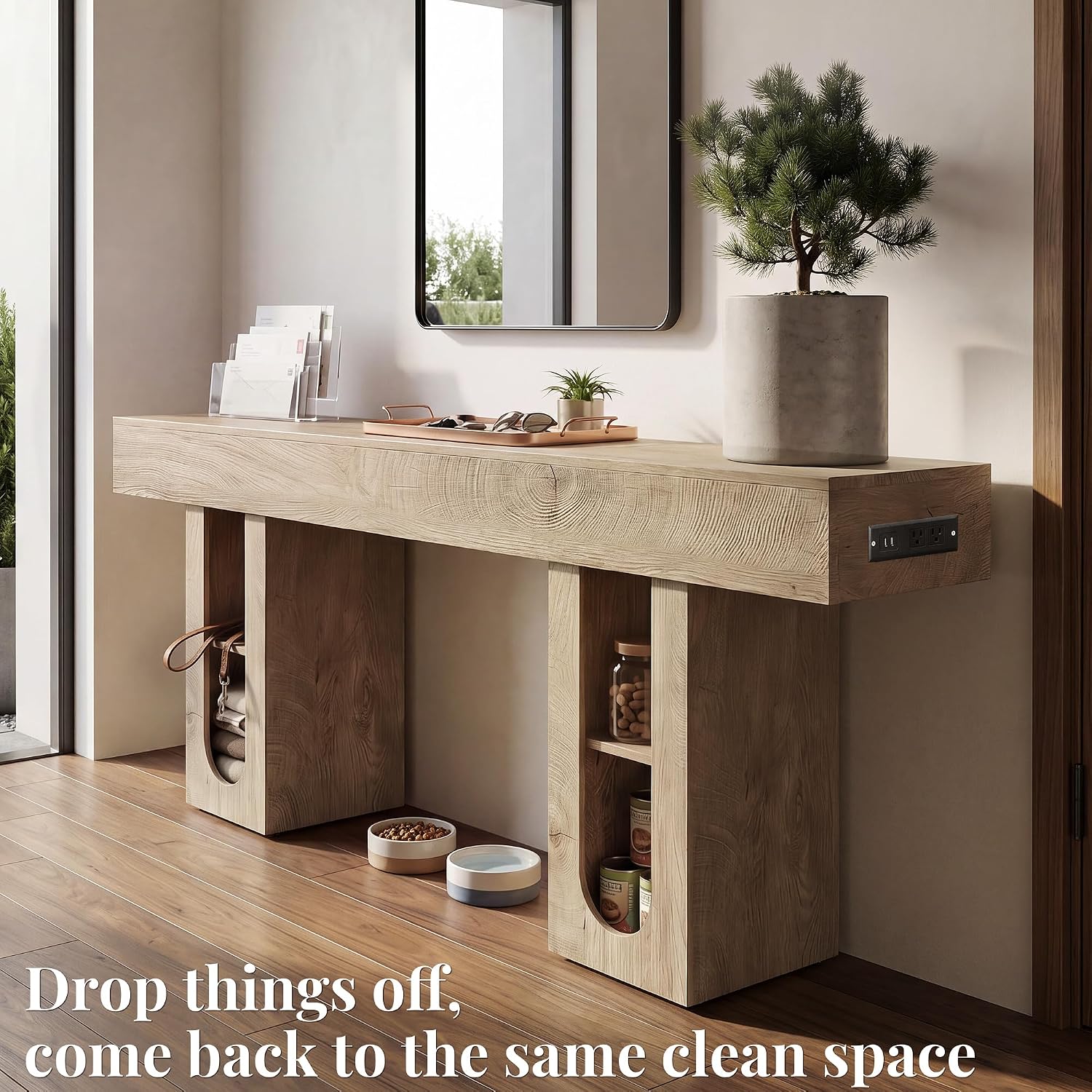 63 Inch Entryway Console Table with Power Outlets & Storage, Oak | Wooden Behind Couch Table, Farmhouse, Adjustable Shelves, 300LB Load, 5.9" Thick Top, MDF, Anti-Tip, Zero Wobble, Entrance