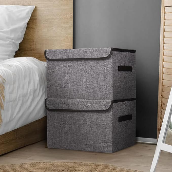 Large 17" 42 Quarts Collapsible Stackable Storage Bins with Lids [3-Pack] Foldable Fabric Linen Storage Boxes Cube, Closet Organizer Baskets with Label for Home (16.7 x 12 x 12, Gray)