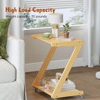 Auroral Zone Solid Wood Rolling Side Table with 2 Tiers, Mobile Z-Frame Snack Cart Or Coffee Table for Living Room, Bedroom & Sofa Use, Easy to Move