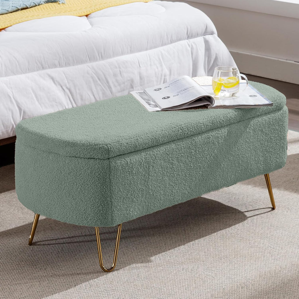 NIOIIKIT Storage Ottoman Bench, Comfy Faux Fur Upholstered Entryway Bench with Metal Legs, Bedroom Bench with Flip Top, Footrest Shoe Bench for Living Room, Bedroom (Olive Green)