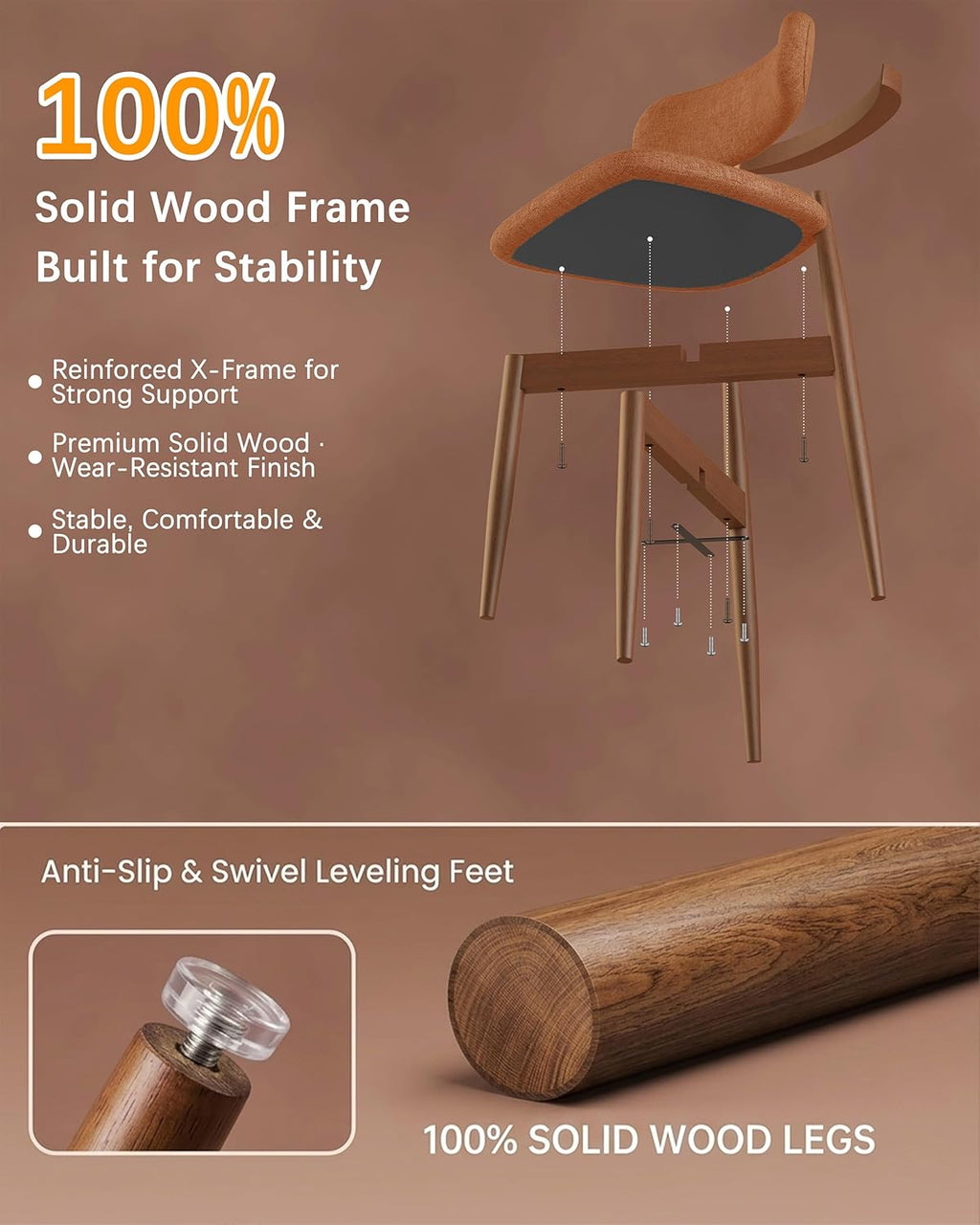 Wooden Dining Chairs Set of 4, Mid Century Modern Upholstered Kitchen Chairs with Solid Wood Legs, 350lb Heavy Duty Padded Side Chairs for Dining Room & Vanity, Orange