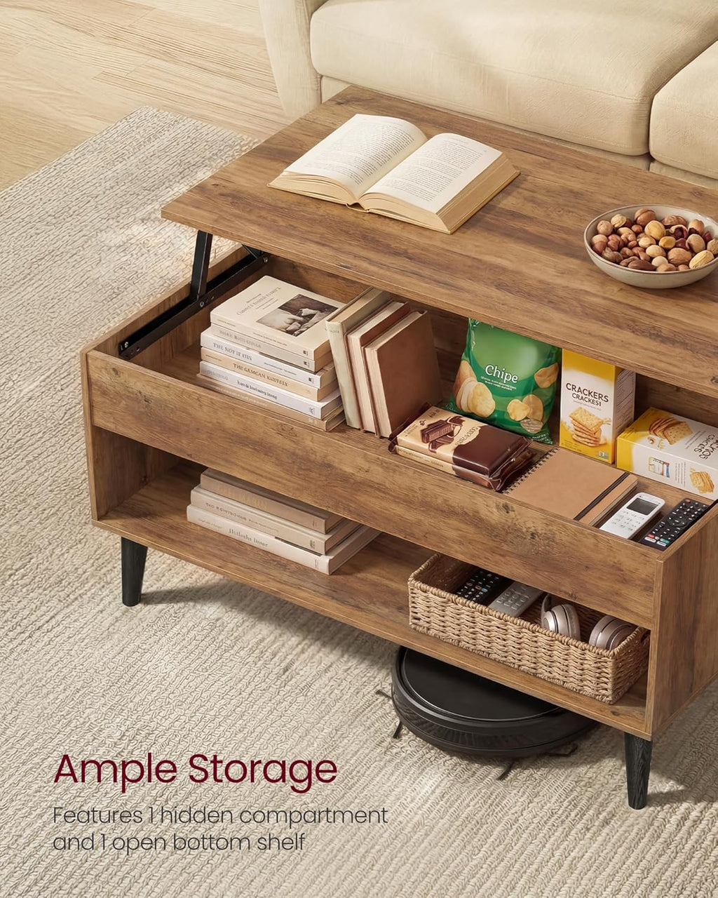 VASAGLE Lift Top Coffee Table with Hidden Storage, Gas Spring