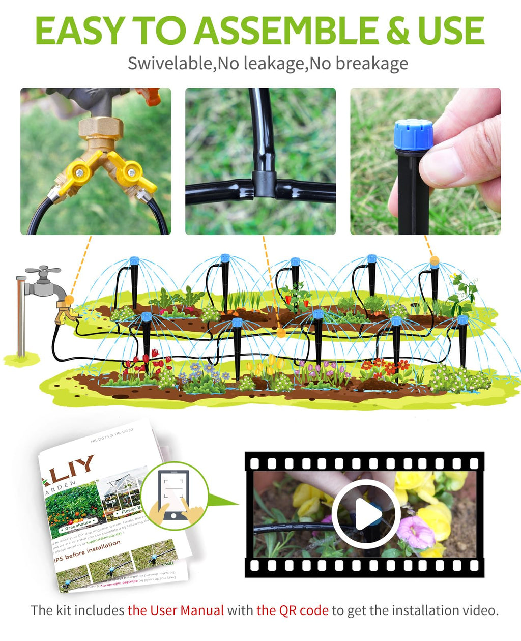 HIRALIY 50ft Drip Irrigation Kit Plant Watering System 8x5mm Blank Distribution Tubing DIY Automatic Irrigation Equipment Set for Garden Greenhouse Flower Bed Patio Lawn