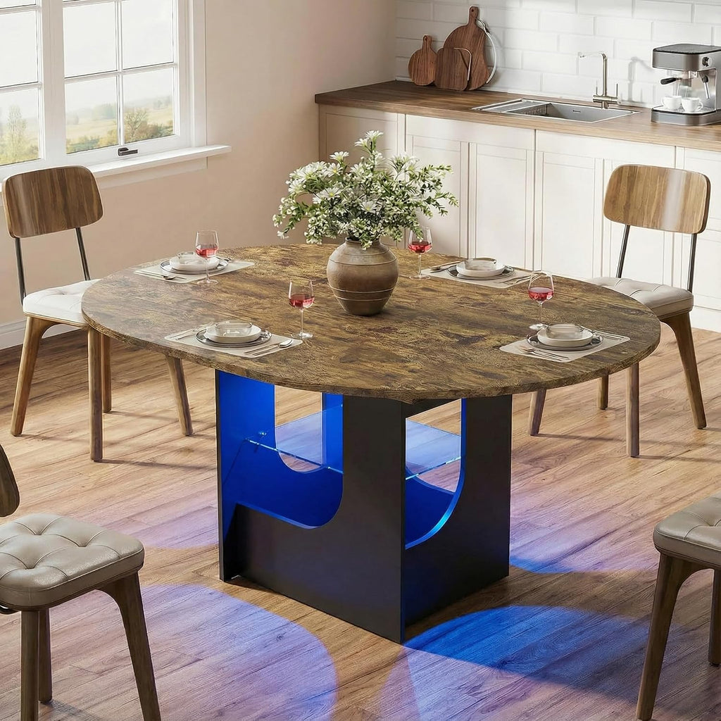 ARTETHYS 43.3"-59" Extendable Round Dining Room Table for 4-8 with Lights Oval Modern Table with Hidden Leaf and Glass Storage Shelf for Kitchen Living Room, Rustic