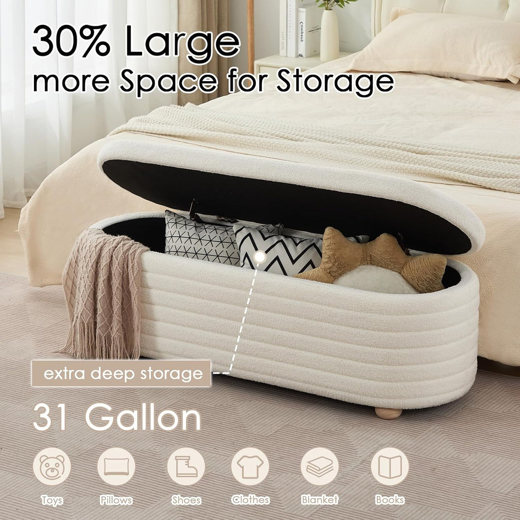 53" Storage Bench Teddy Ottoman Bench Upholstered Fabric Bench End of Bed Stool with Safety Hinge for Bedroom, Living Room, Entryway, White