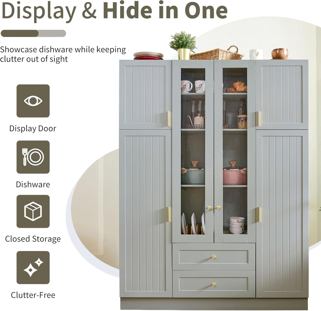 Modern Large Kitchen Pantry with 6 Doors,Storage Cupboard with Drawers, Adjustable Shelves,Pull-Out Trays and Wine Rack for Dining Room (Gray/KP)