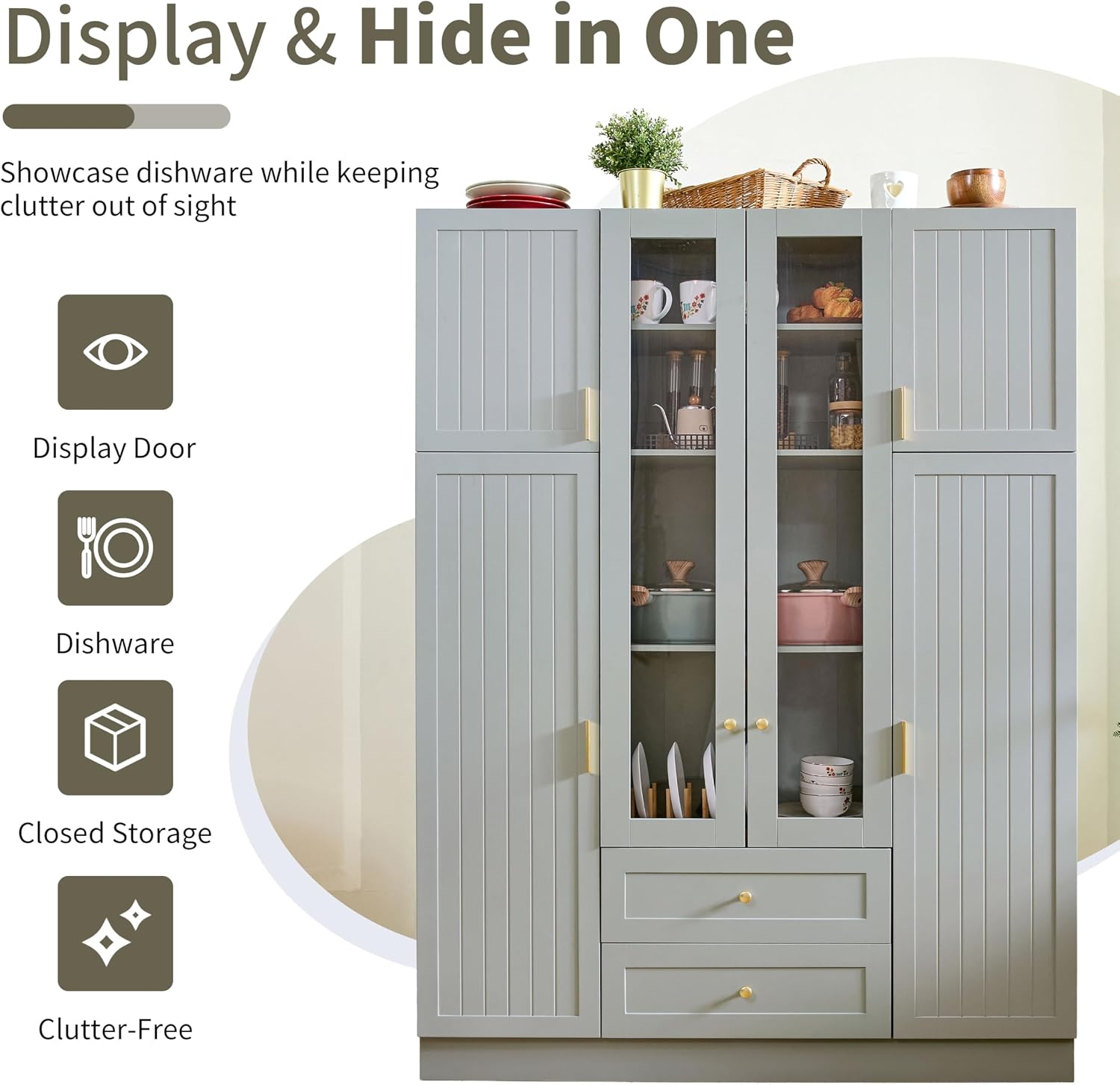 Modern Large Kitchen Pantry with 6 Doors,Storage Cupboard with Drawers, Adjustable Shelves,Pull-Out Trays and Wine Rack for Dining Room (Gray/KP)