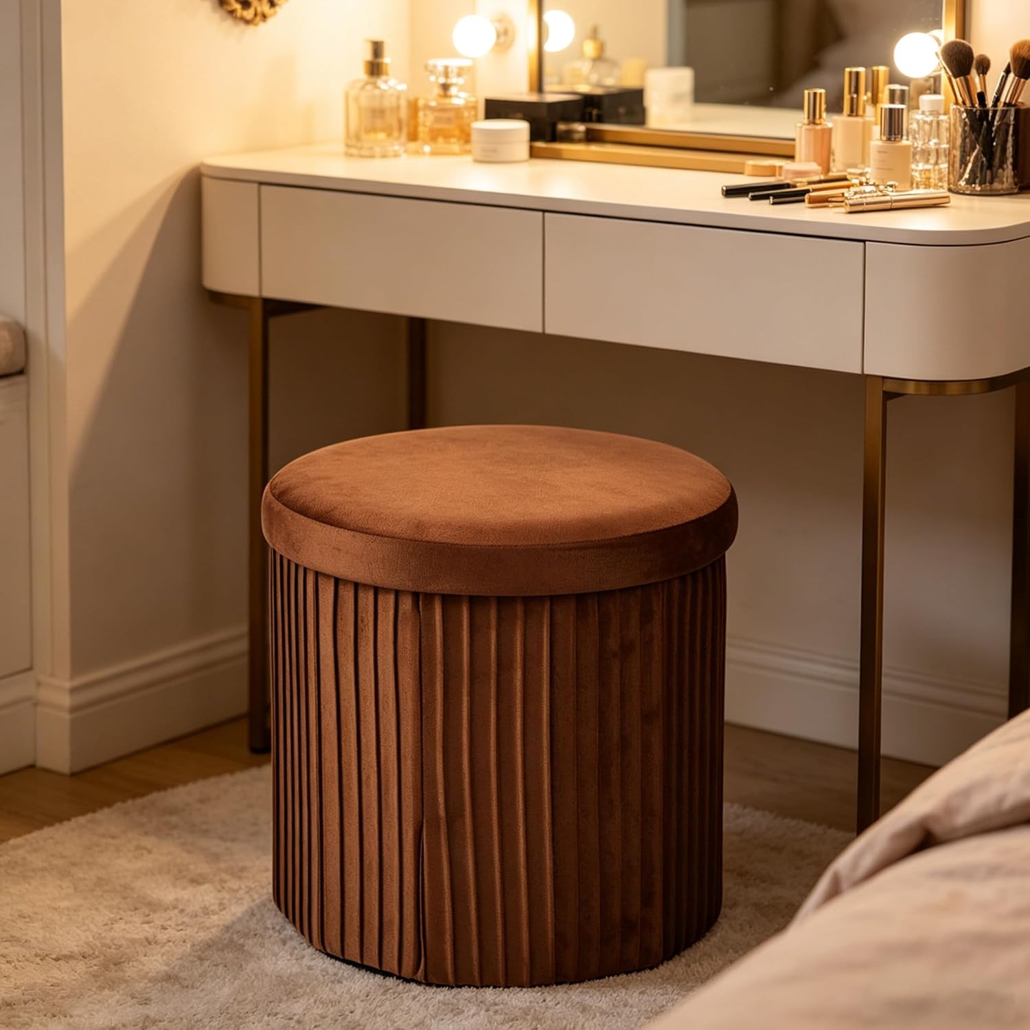 Relaxdays Velvet Stool with Storage Space, Padded, Foldable, H x D: 38 x 38 cm, Round Side Stool, Mocha Mousse