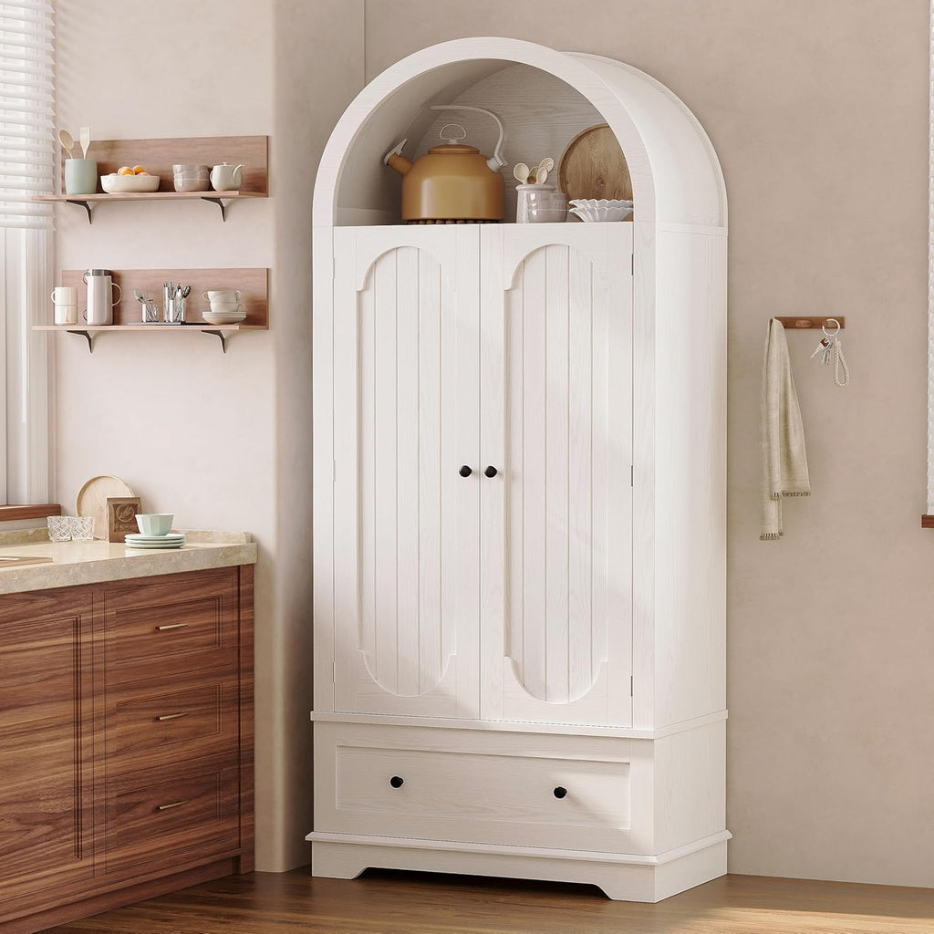 IRONCK 70.9 in Kitchen Pantry with Large Drawer Adjustable Shelves | kitchen pantry; 2 doors; large drawer; adjustable shelves; arched open shelving