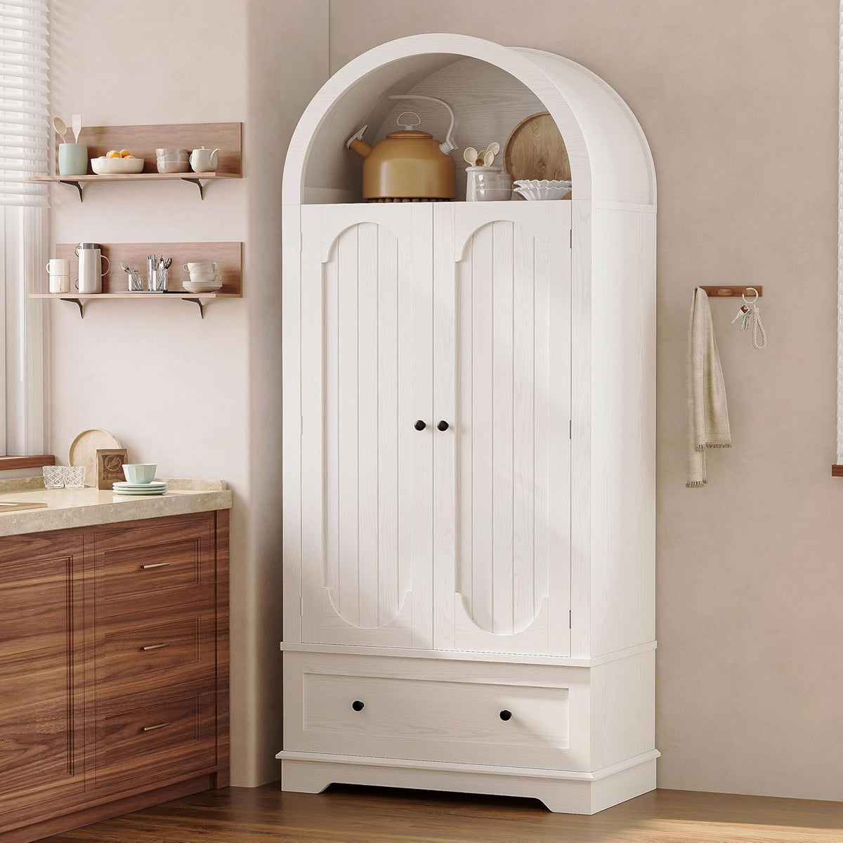 IRONCK 70.9 in Kitchen Pantry with Large Drawer Adjustable Shelves | kitchen pantry; 2 doors; large drawer; adjustable shelves; arched open shelving