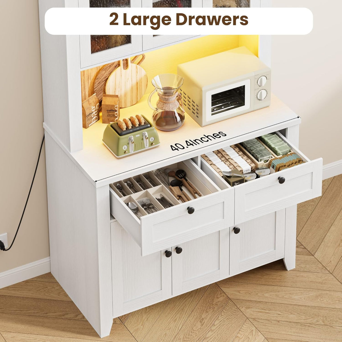 GarveeHome 66" Tall Pantry Cabinet with Power Outlet & LED Light, Kitchen Pantry Storage Cabinets with Countertop, Large Kitchen Hutch with Storage Drawers & Water Ripple Acrylic Panel Cabinet Door